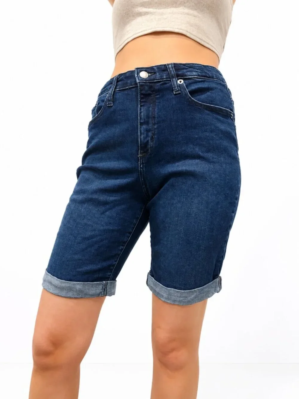 High Rise Denim Bermuda Shorts
